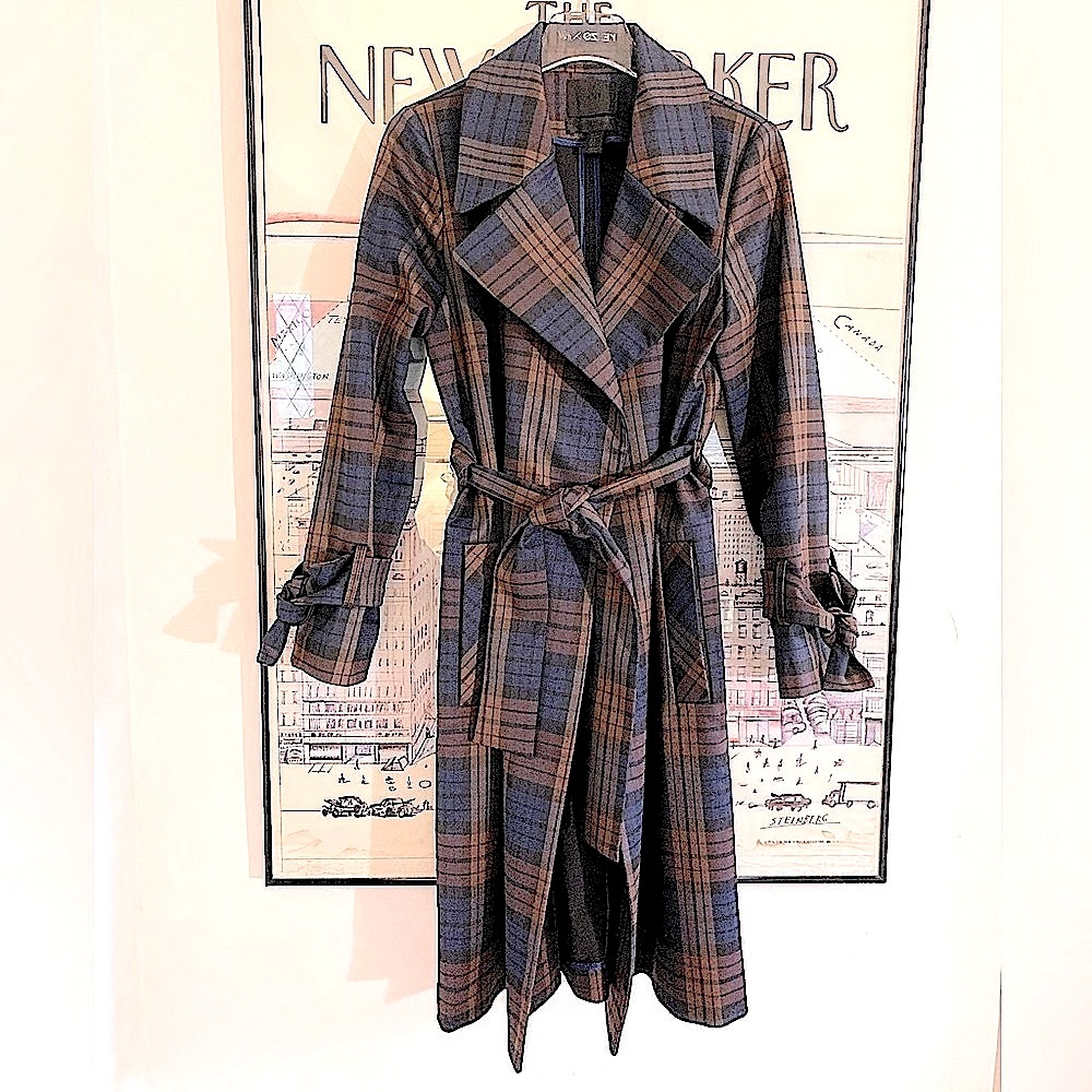 500 Maison Cinqcent rich brown and navy plaid open front trench coat size Small